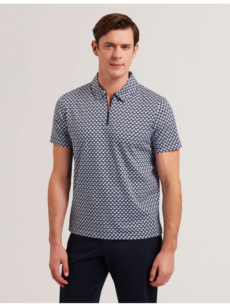 Ted Baker Ounslo - Printed Zip Neck Cotton Polo Shirt Oberteile Herren Blau | 532796-TBG