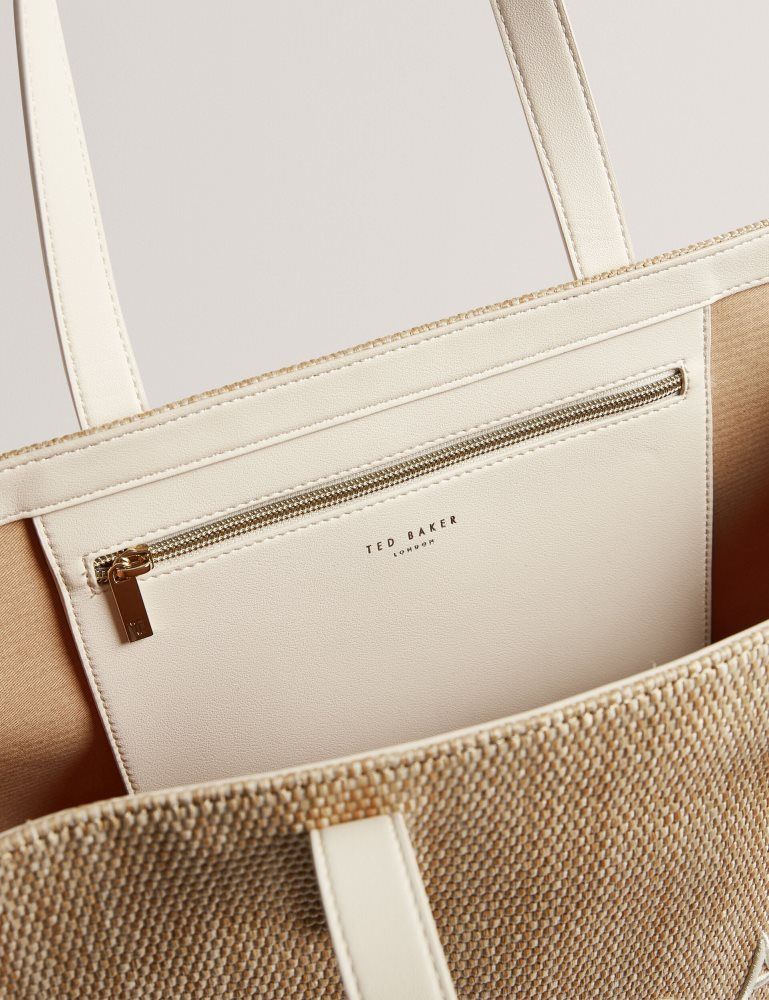 Ted Baker Pallmer - Faux Raffia Pu Trim Large Icon Tote Bag Icon-Taschen Damen Ecru | 859371-CIJ