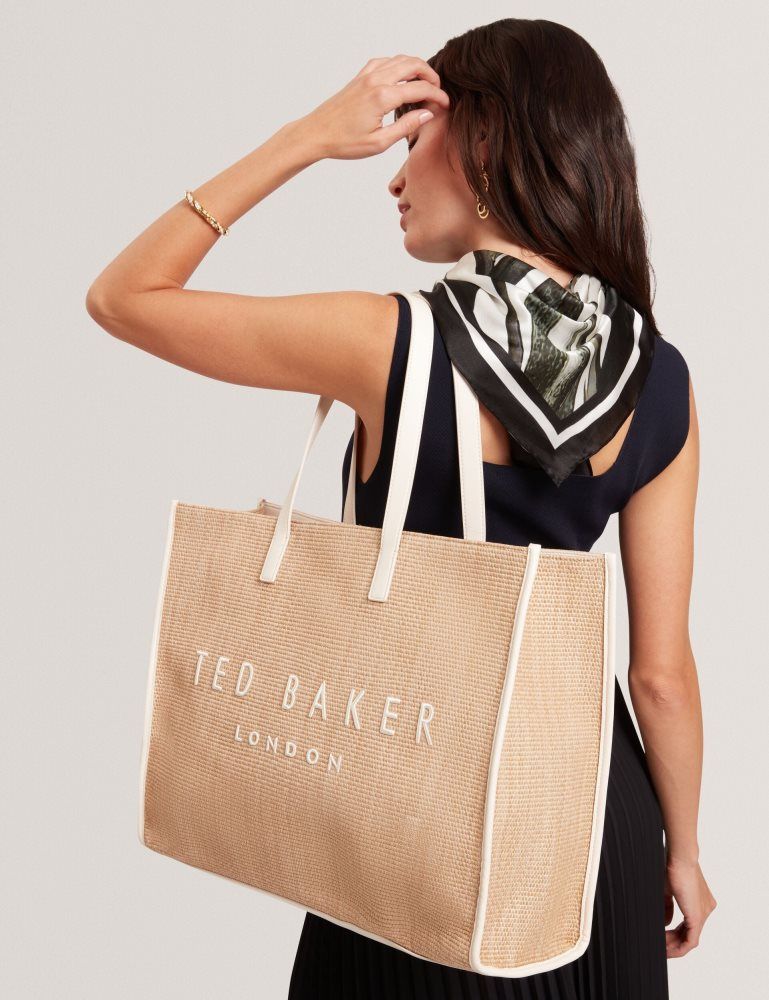 Ted Baker Pallmer - Faux Raffia Pu Trim Large Icon Tote Bag Icon-Taschen Damen Ecru | 859371-CIJ