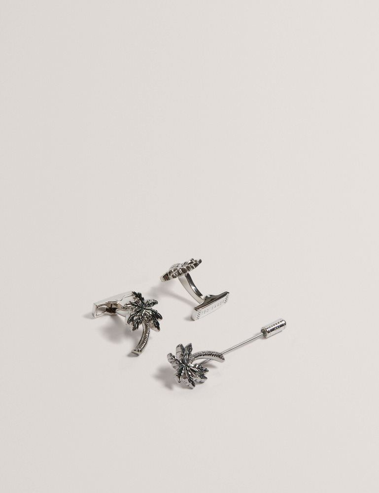 Ted Baker Palmiie - Palm Tree Cufflink Lapel Pin Set Manschettenknöpfe Herren Silber | 347150-ESG