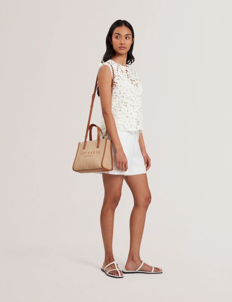 Ted Baker Paolina - Faux Raffia Pu Trim Small Icon Tote Bag Tragetaschen Damen Braun | 261409-YPU