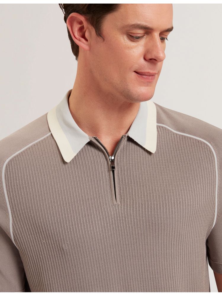 Ted Baker Paxto - Textured Zip Polo With Striped Collar Oberteile Herren Grau | 482935-FOK