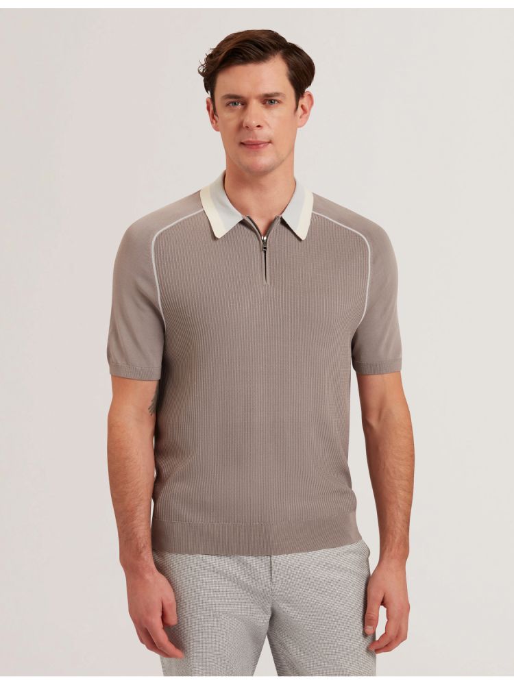 Ted Baker Paxto - Textured Zip Polo With Striped Collar Oberteile Herren Grau | 482935-FOK