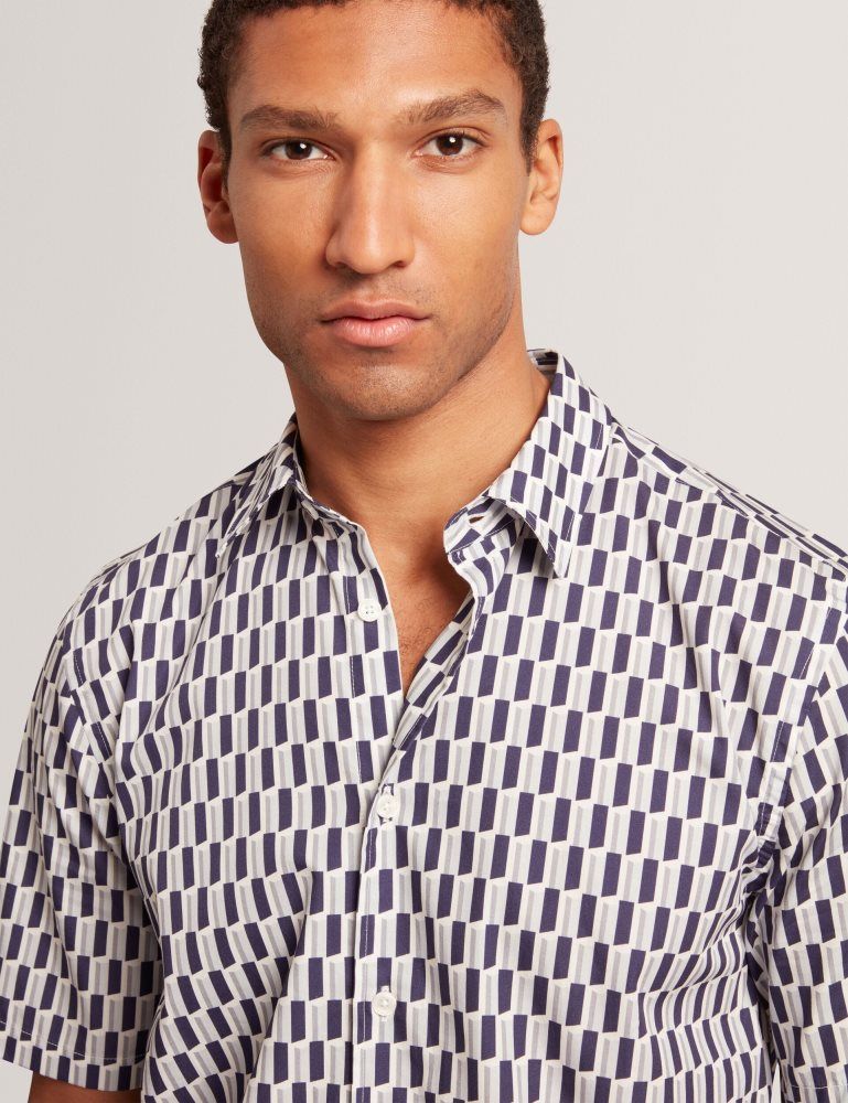 Ted Baker Pearsos - Geo Print Short Sleeve Cotton Shirt Hemd Herren Navy | 673298-VGW