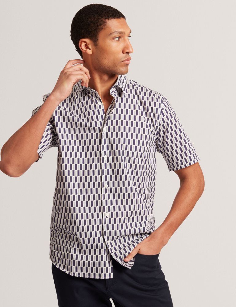 Ted Baker Pearsos - Geo Print Short Sleeve Cotton Shirt Hemd Herren Navy | 673298-VGW
