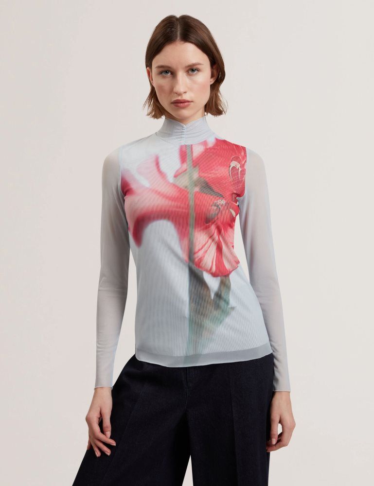 Ted Baker Pipya - Floral High Neck Long Sleeve Mesh Top T-shirts Damen Blau | 205469-NQI