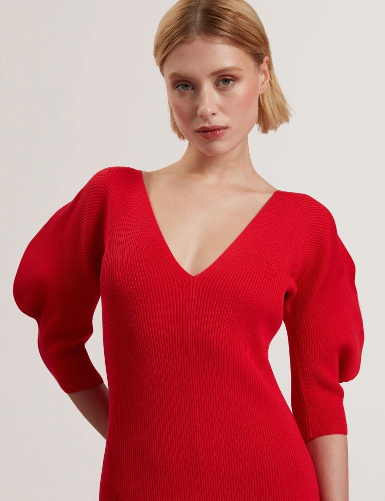 Ted Baker Pricila - Shaped Sleeve Knitted Bodycon Midi Dress Kleid Damen Rot | 134867-QVC