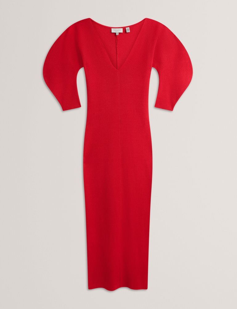 Ted Baker Pricila - Shaped Sleeve Knitted Bodycon Midi Dress Kleid Damen Rot | 134867-QVC