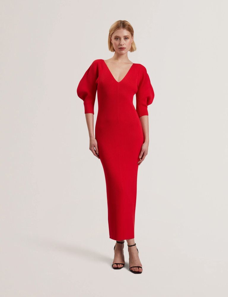 Ted Baker Pricila - Shaped Sleeve Knitted Bodycon Midi Dress Kleid Damen Rot | 134867-QVC