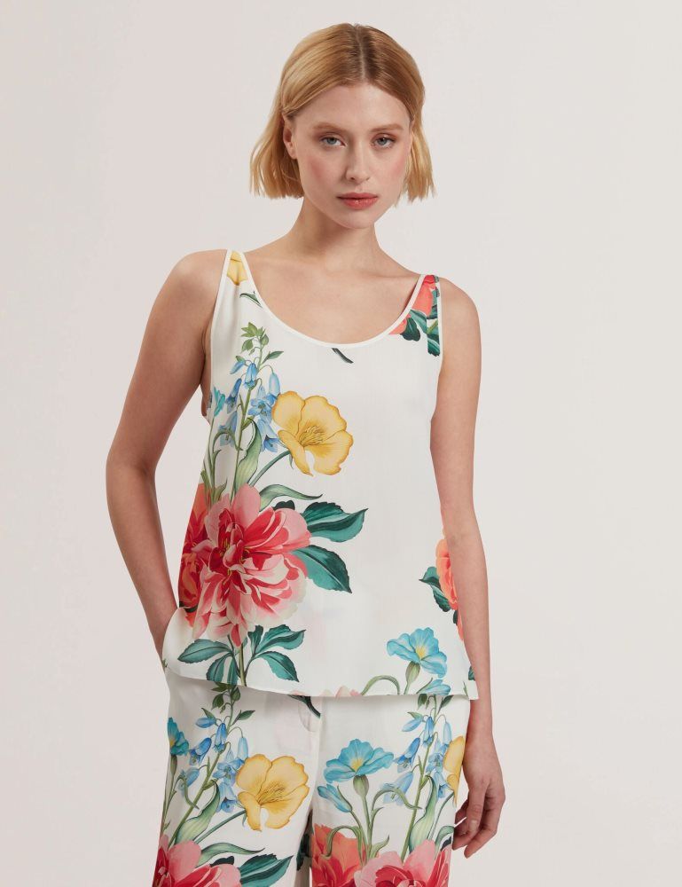 Ted Baker Purrla - Floral Print Scoop Neck Sleeveless Top T-shirts Damen Weiß | 632570-CVU