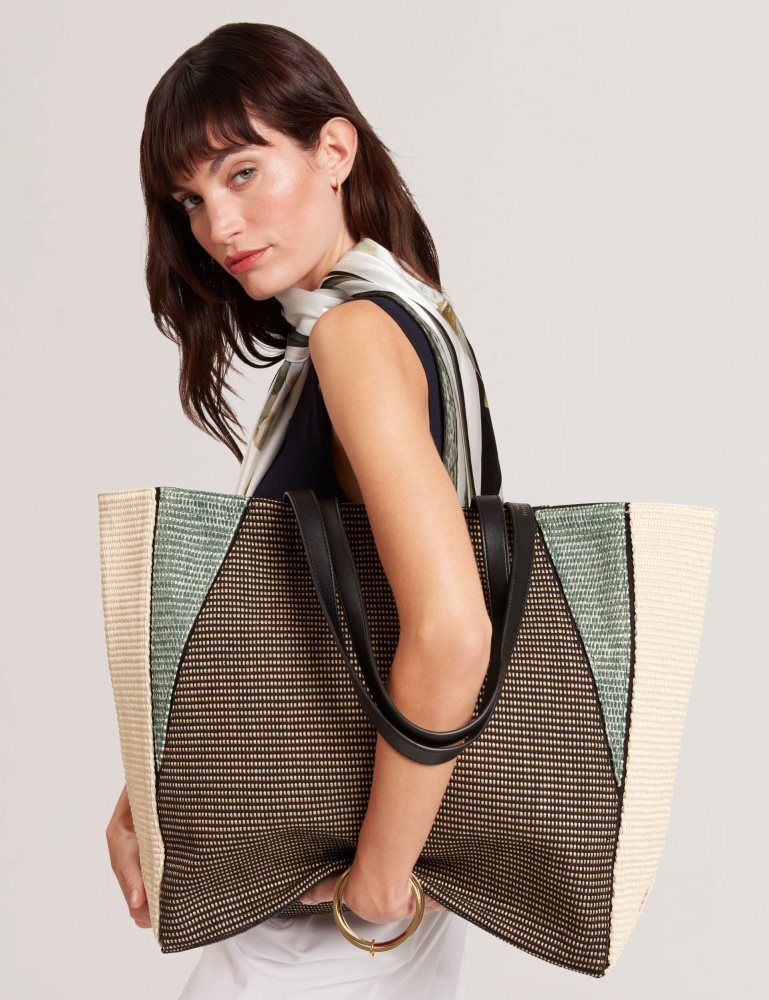 Ted Baker Rafiya - Woven Colour Block Folding Shopper Bag Tragetaschen Damen Schwarz | 697302-SQK