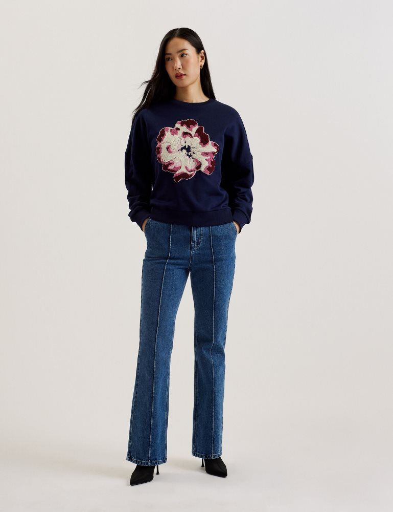 Ted Baker Raynahh - Textured Floral Graphic Cotton Sweatshirt Pullover Damen Navy | 362104-FDB