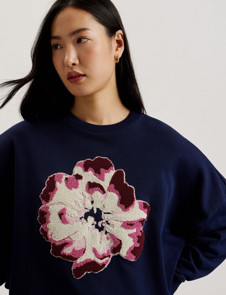 Ted Baker Raynahh - Textured Floral Graphic Cotton Sweatshirt Pullover Damen Navy | 362104-FDB