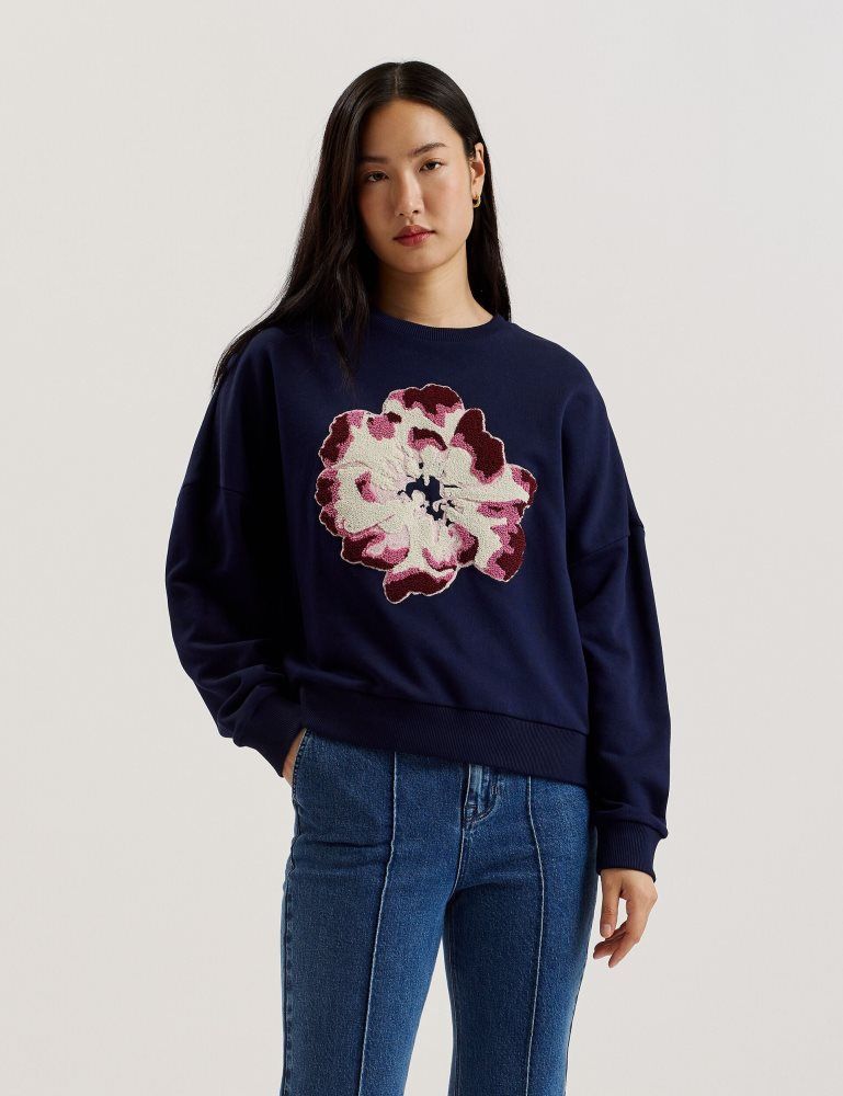 Ted Baker Raynahh - Textured Floral Graphic Cotton Sweatshirt Pullover Damen Navy | 362104-FDB