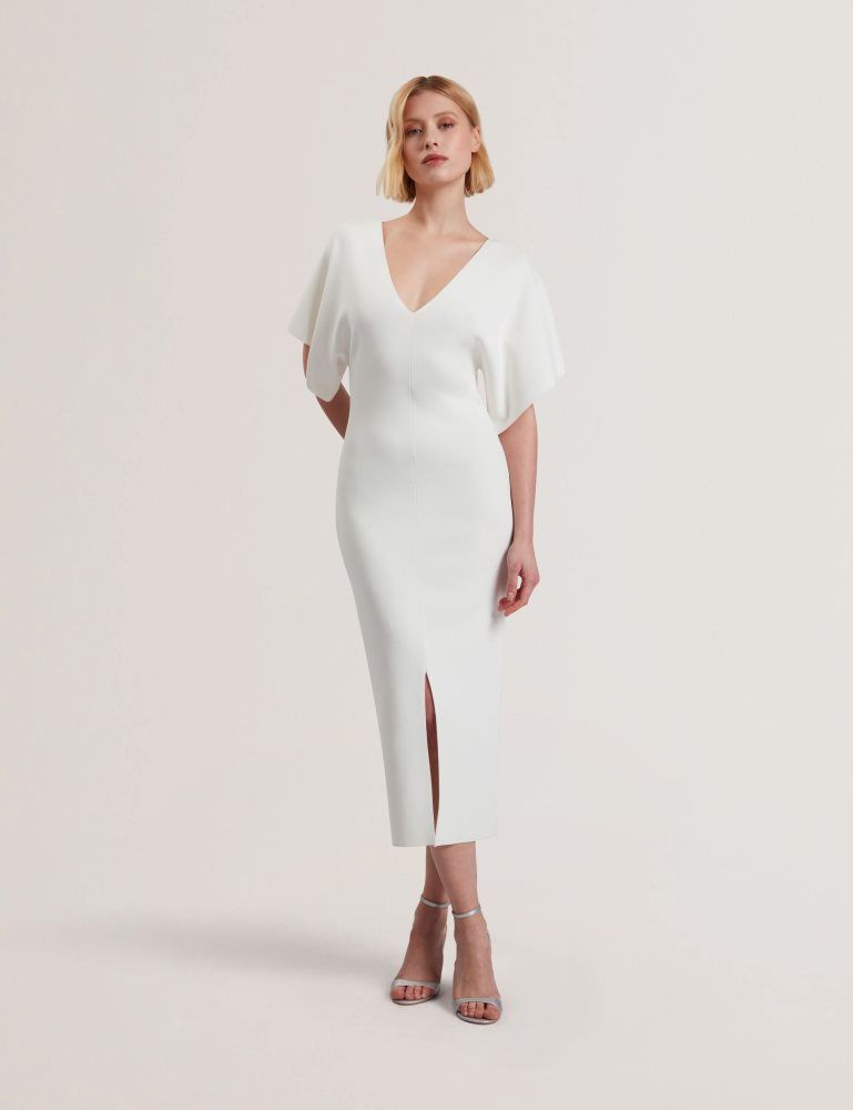 Ted Baker Rebexxa - Wide Sleeve Knitted Bodycon Midi Dress Kleid Damen Weiß | 672415-UXS