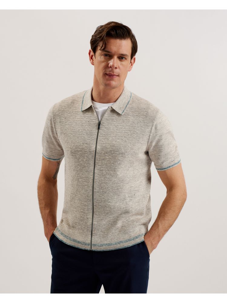 Ted Baker Rojor - Textured Linen Blend Zip Through Polo Shirt Oberteile Herren Beige | 327154-ASV