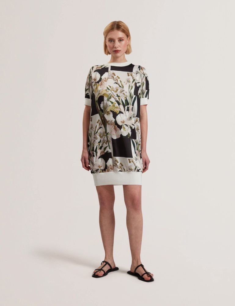 Ted Baker Roneea - Printed Front Knitted T-shirt Dress Kleid Damen Weiß | 621479-GYQ