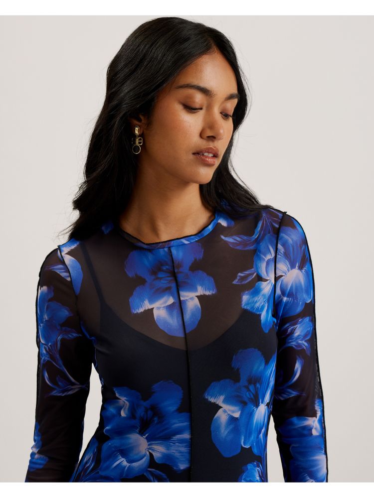 Ted Baker Rozeen - Mesh Long Sleeve Printed Dress Kleid Damen Blau | 891207-CNZ