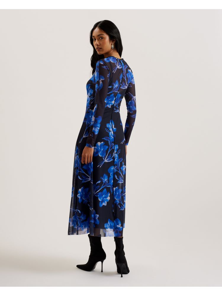 Ted Baker Rozeen - Mesh Long Sleeve Printed Dress Kleid Damen Blau | 891207-CNZ