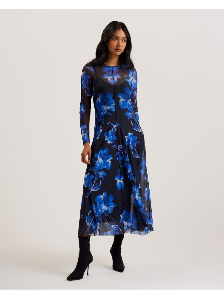 Ted Baker Rozeen - Mesh Long Sleeve Printed Dress Kleid Damen Blau | 891207-CNZ