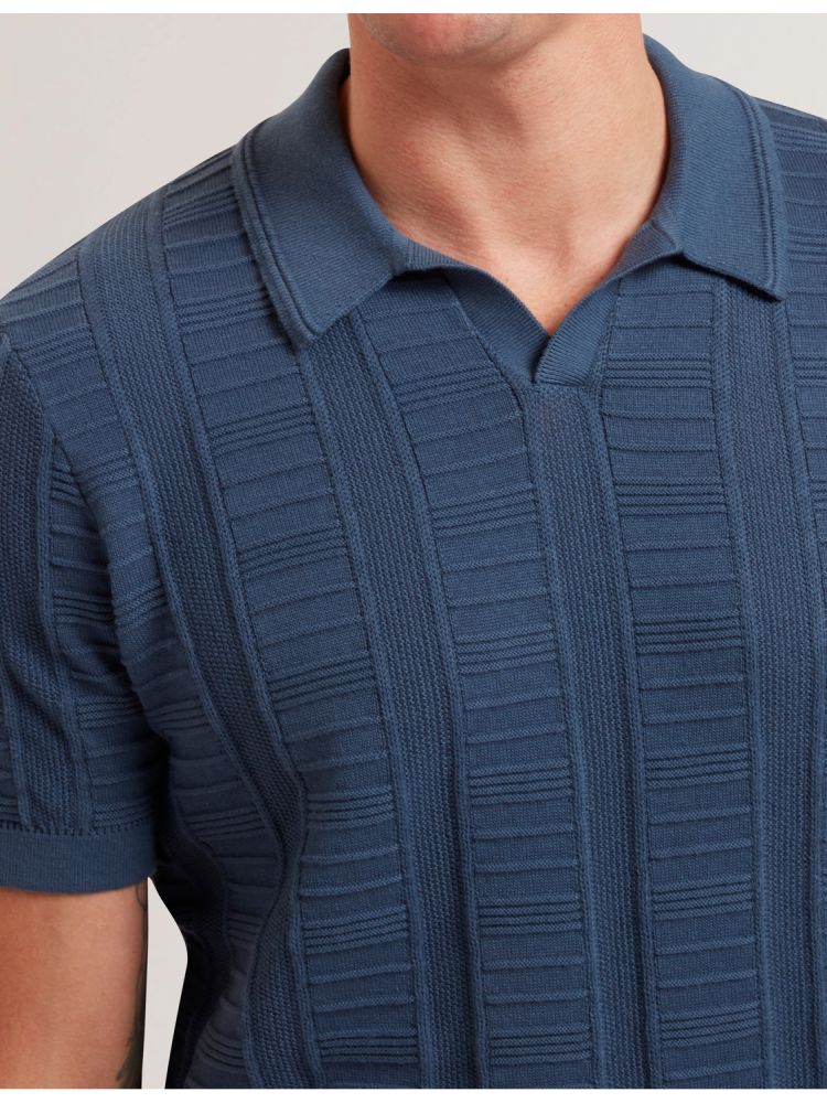 Ted Baker Ruzza - Textured Stripe Open Neck Knitted Polo Shirt Oberteile Herren Blau | 105248-MVY