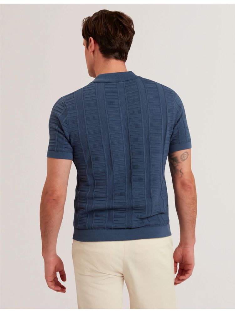 Ted Baker Ruzza - Textured Stripe Open Neck Knitted Polo Shirt Oberteile Herren Blau | 105248-MVY
