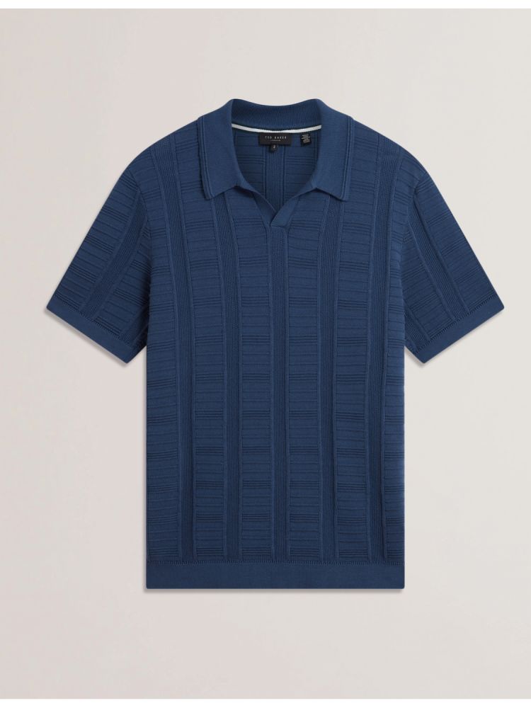 Ted Baker Ruzza - Textured Stripe Open Neck Knitted Polo Shirt Oberteile Herren Blau | 105248-MVY