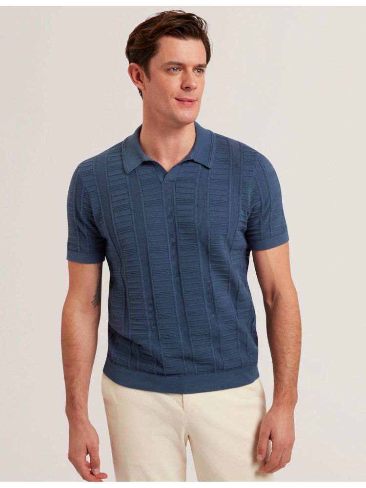Ted Baker Ruzza - Textured Stripe Open Neck Knitted Polo Shirt Oberteile Herren Blau | 105248-MVY