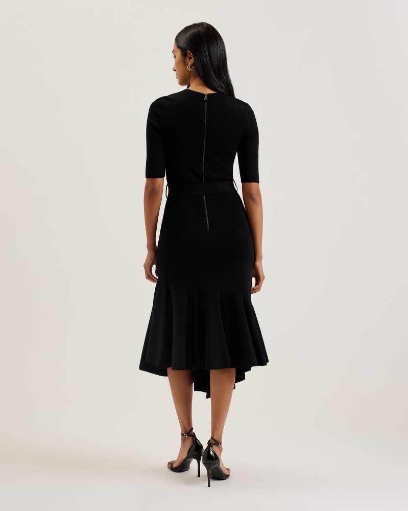 Ted Baker Samalee - Flippy Hem Knitted Midi Dress With Belt Kleid Damen Schwarz | 586431-XOC
