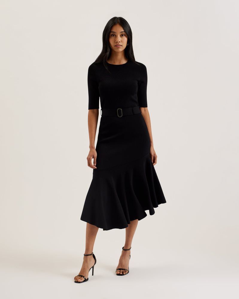 Ted Baker Samalee - Flippy Hem Knitted Midi Dress With Belt Kleid Damen Schwarz | 586431-XOC