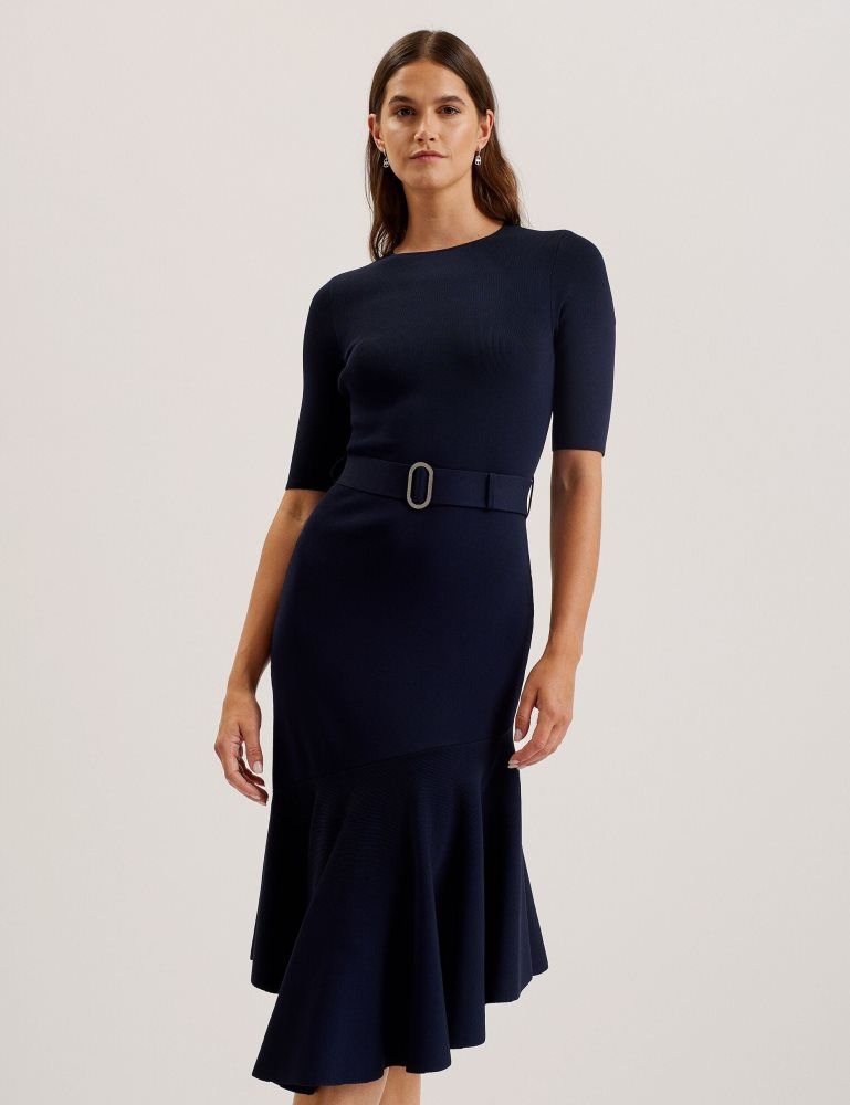 Ted Baker Samalee - Flippy Hem Knitted Midi Dress With Belt Kleid Damen Blau | 418539-VLU