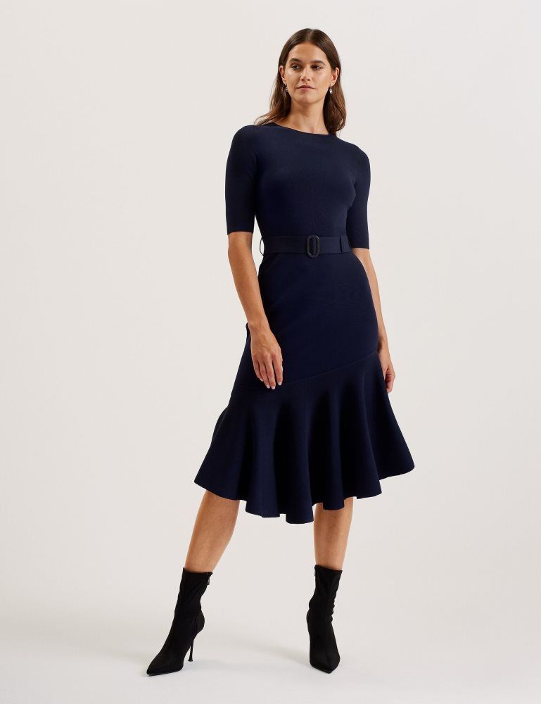 Ted Baker Samalee - Flippy Hem Knitted Midi Dress With Belt Kleid Damen Blau | 418539-VLU