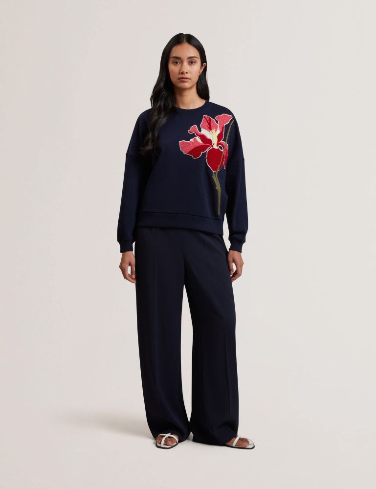 Ted Baker Sanderr - Tufted Floral Graphic Cotton Sweatshirt Pullover Damen Navy | 837506-QTH