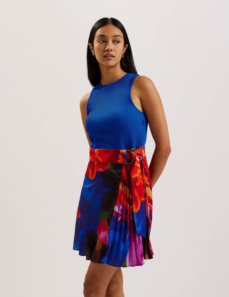 Ted Baker Sandiyy - Printed Pleated Mini Dress With Knit Bodice Kleid Damen Blau | 032196-JDH