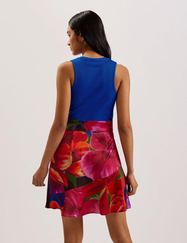 Ted Baker Sandiyy - Printed Pleated Mini Dress With Knit Bodice Kleid Damen Blau | 032196-JDH