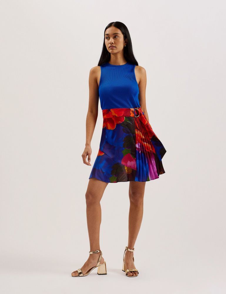 Ted Baker Sandiyy - Printed Pleated Mini Dress With Knit Bodice Kleid Damen Blau | 032196-JDH