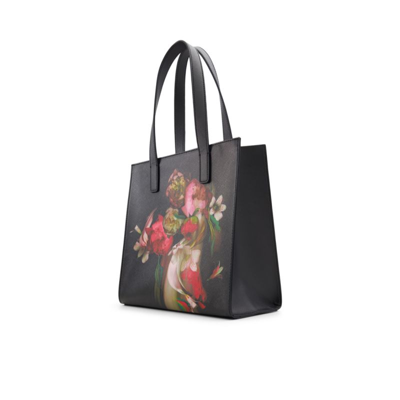 Ted Baker Seacon - Floral Pu Leather Small Icon Tote Bag Icon-Taschen Damen Schwarz | 147852-KAN