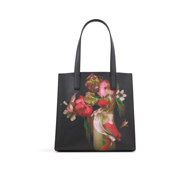 Ted Baker Seacon - Floral Pu Leather Small Icon Tote Bag Icon-Taschen Damen Schwarz | 147852-KAN