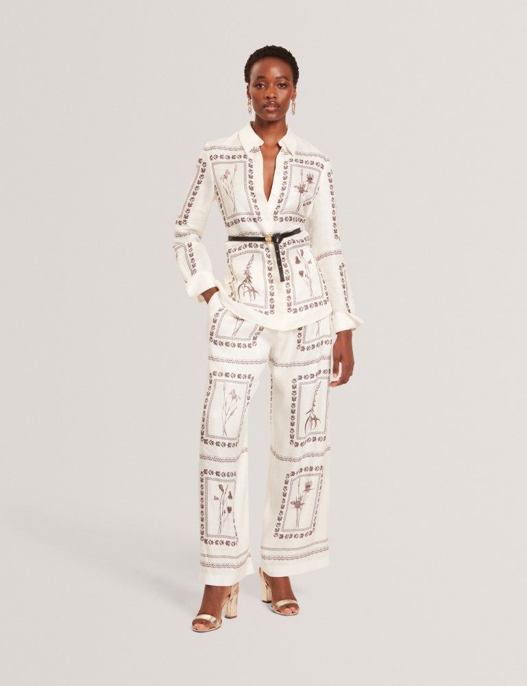 Ted Baker Simcoa - Panel Print Silk Linen Longline Shirt Anzüge Damen Weiß | 953182-SUH