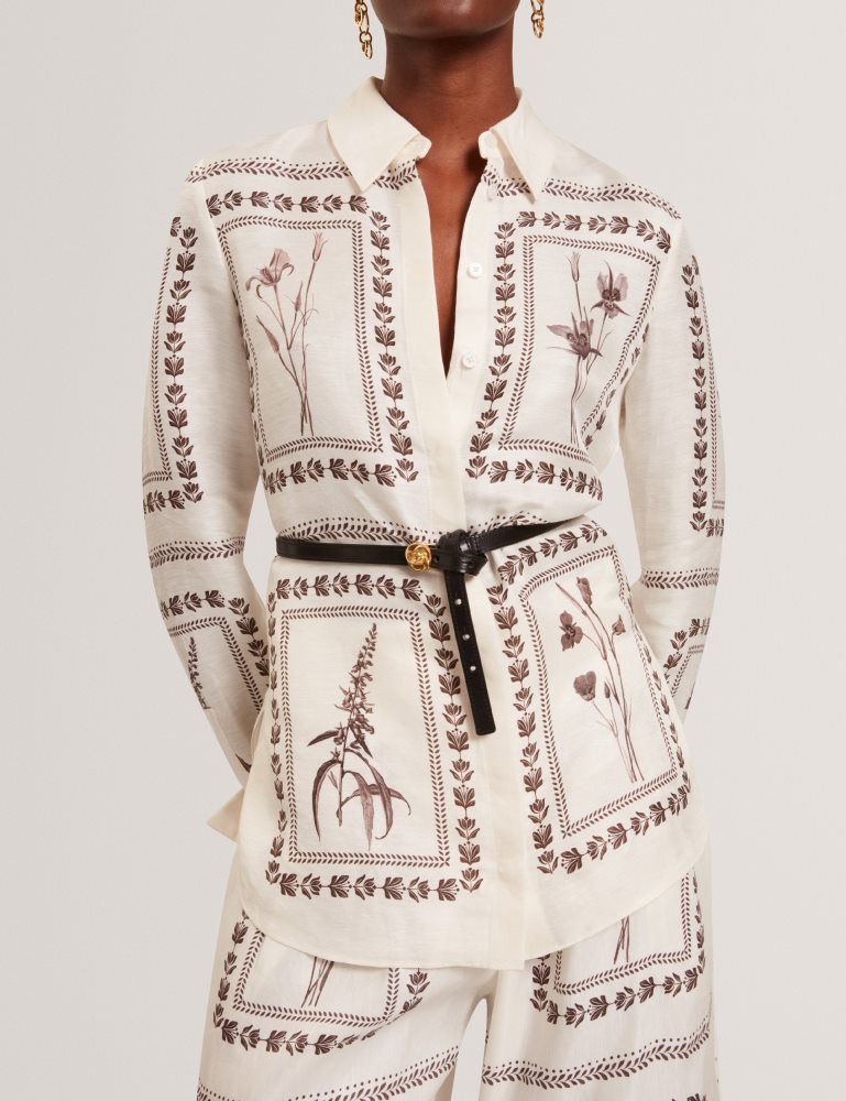 Ted Baker Simcoa - Panel Print Silk Linen Longline Shirt Anzüge Damen Weiß | 953182-SUH