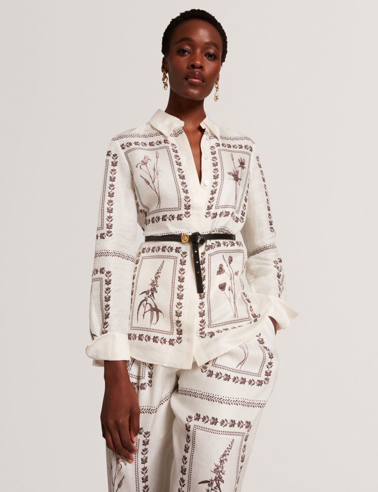 Ted Baker Simcoa - Panel Print Silk Linen Longline Shirt Anzüge Damen Weiß | 953182-SUH