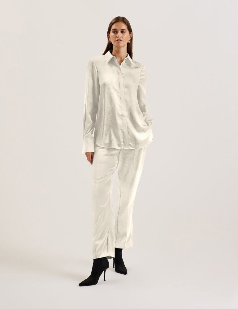Ted Baker Sonora - Satin Longline Covered Placket Blouse T-shirts Damen Weiß | 365418-OCK