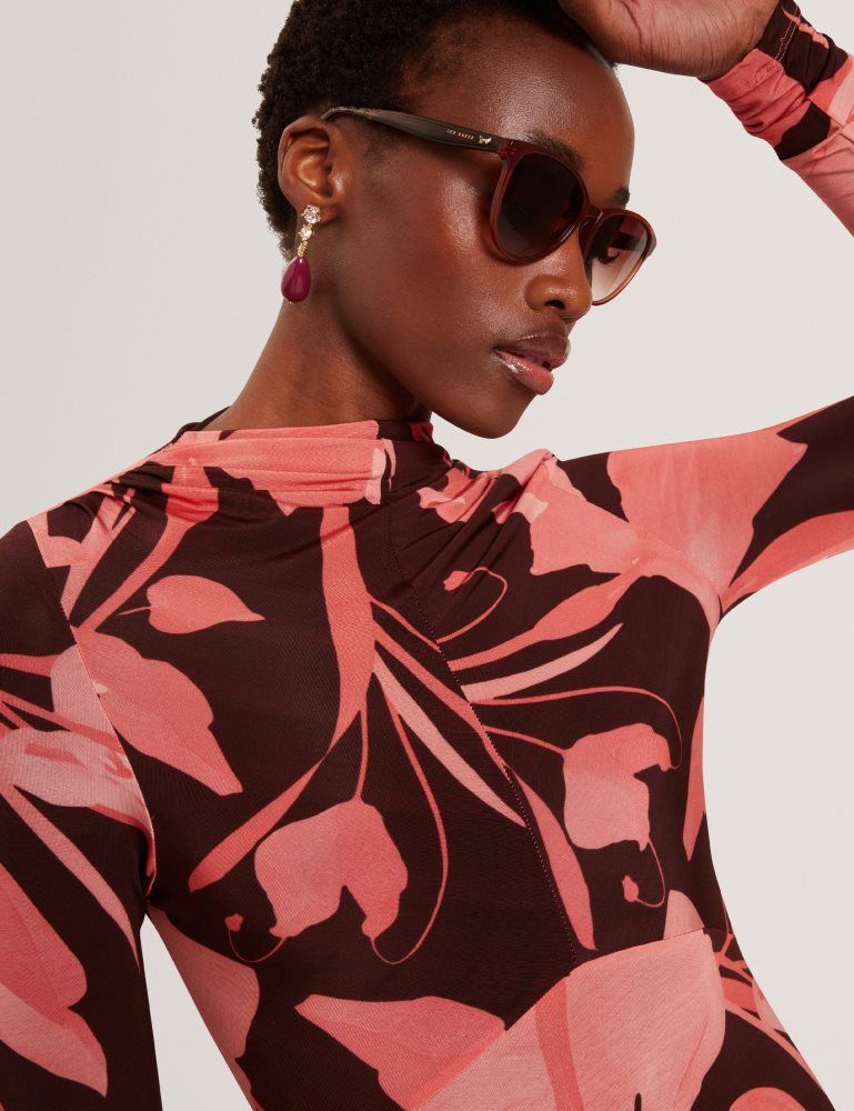 Ted Baker Starlah - Slinky Printed Jersey Long Sleeve Midi Dress Kleid Damen Braun | 471253-HAM