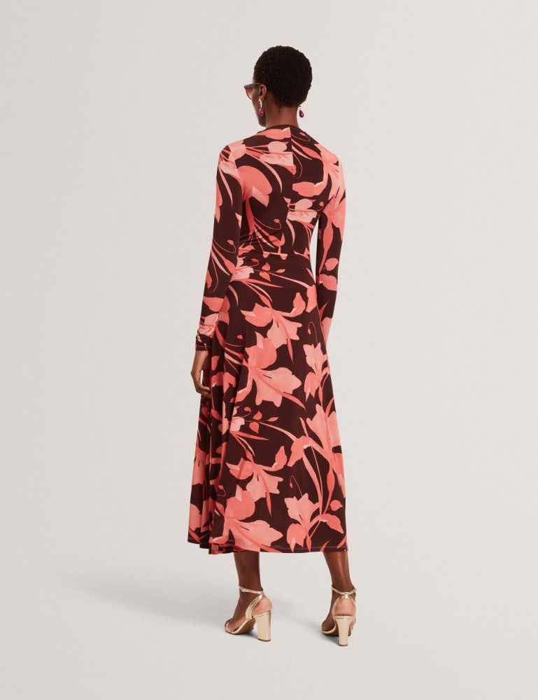 Ted Baker Starlah - Slinky Printed Jersey Long Sleeve Midi Dress Kleid Damen Braun | 471253-HAM