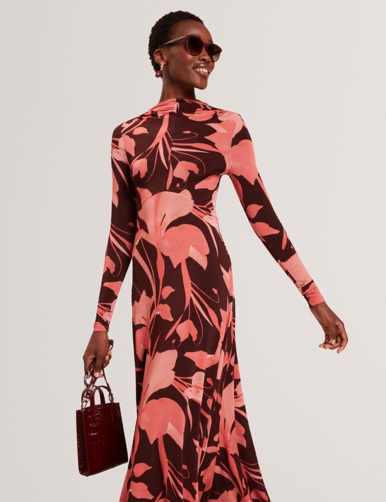 Ted Baker Starlah - Slinky Printed Jersey Long Sleeve Midi Dress Kleid Damen Braun | 471253-HAM