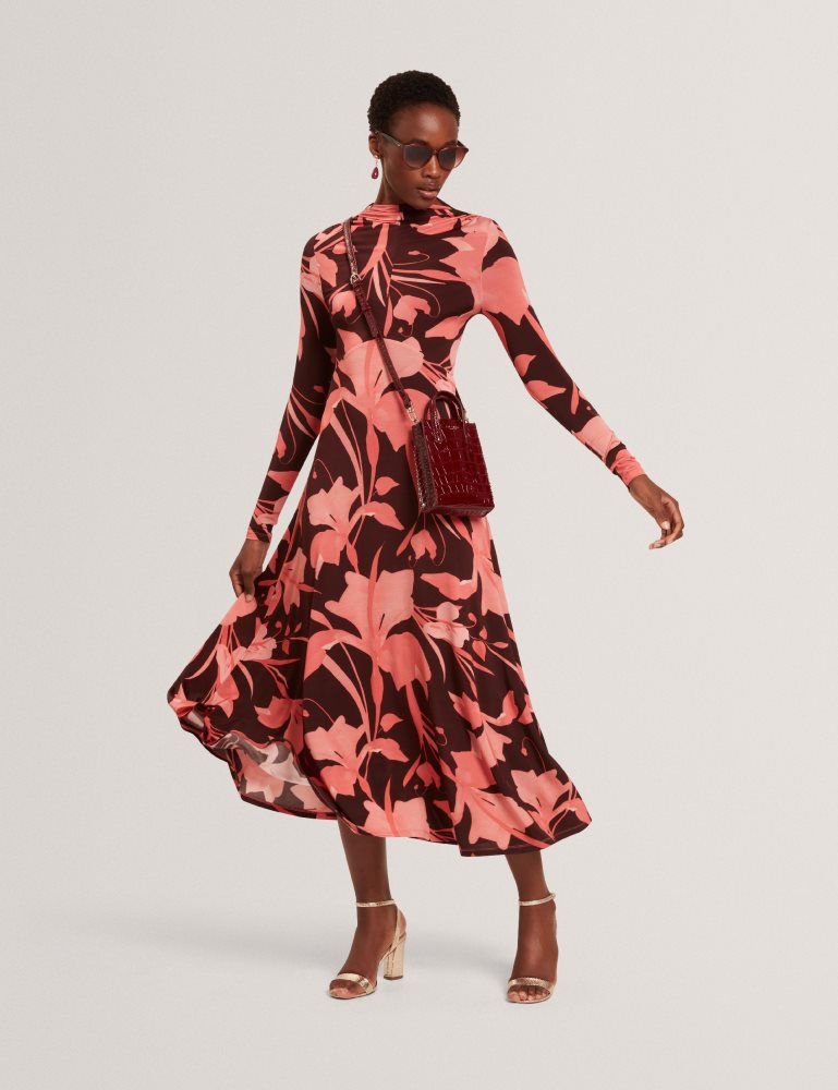 Ted Baker Starlah - Slinky Printed Jersey Long Sleeve Midi Dress Kleid Damen Braun | 471253-HAM