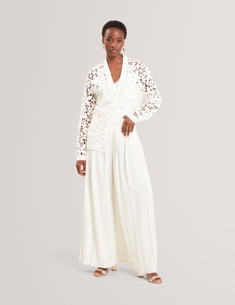 Ted Baker Tarli - Crochet Open Knit Longline Cardigan T-shirts Damen Weiß | 319284-MSP