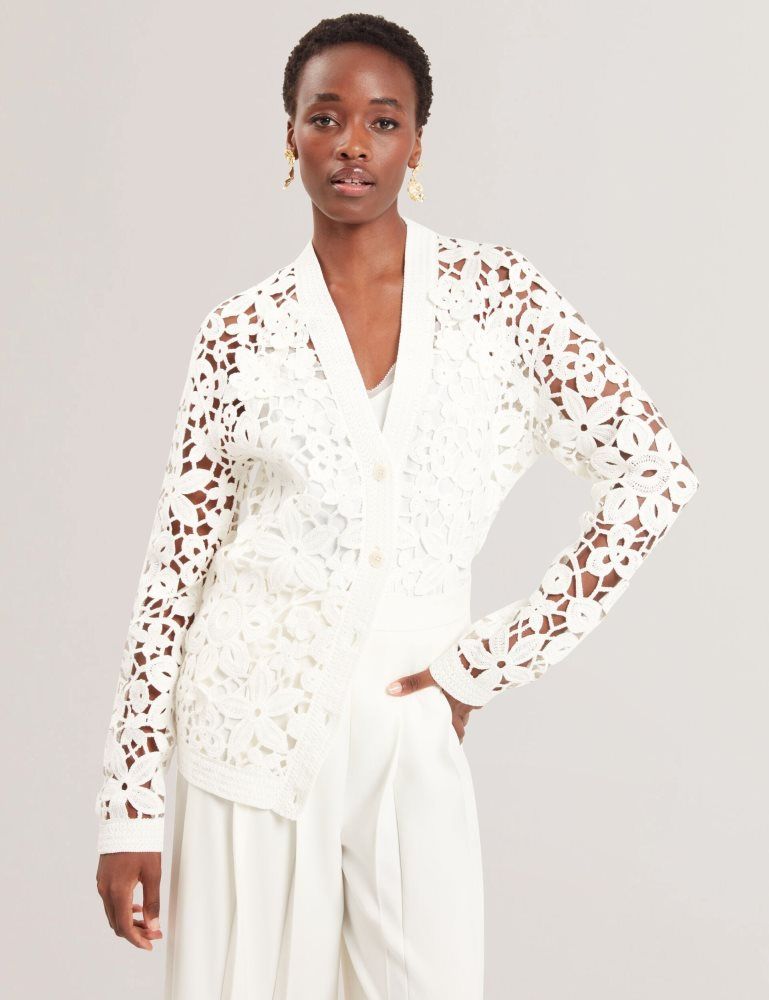Ted Baker Tarli - Crochet Open Knit Longline Cardigan T-shirts Damen Weiß | 319284-MSP