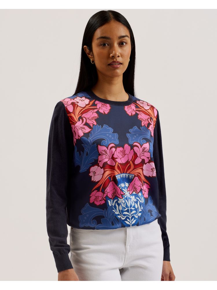 Ted Baker Teanha - Woven Front Printed Jumper Pullover Damen Navy | 293784-NHK