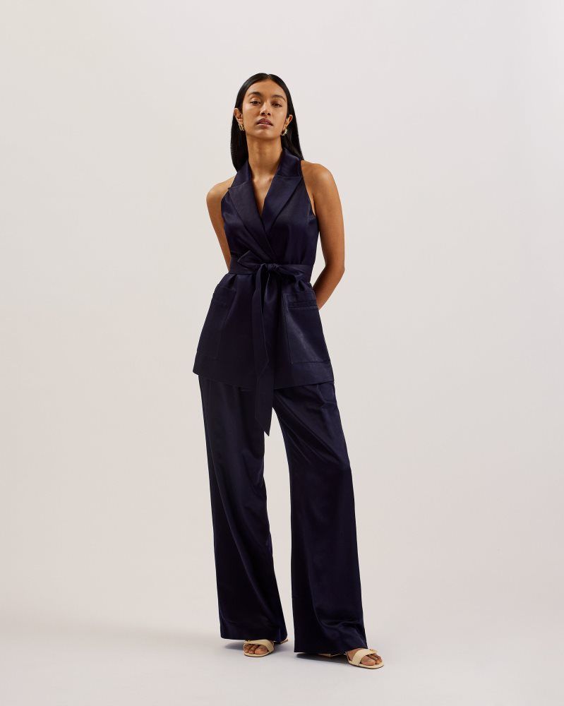 Ted Baker Teeru - Tailored Satin Longline Vest With Belt T-shirts Damen Navy | 452089-CGL